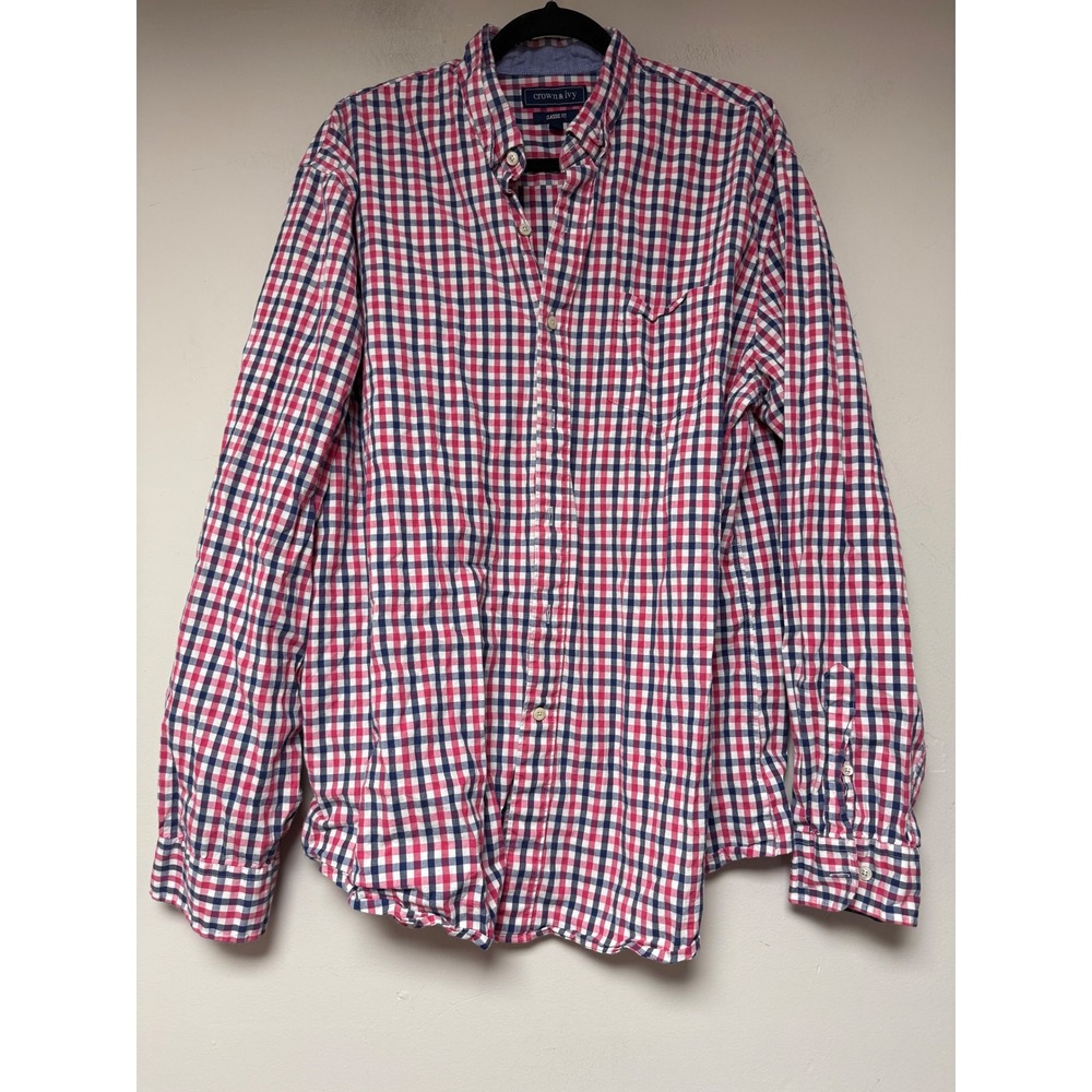 Crown & Ivy Classic Fit Gingham Plaid Long Sleeve Button Down Shirt Men XL Red